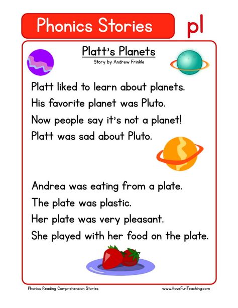 This Reading Comprehension Worksheet - Platt's Planets is for teaching reading comprehension. Use this reading comprehension story to teach reading comprehension. Alliteration Poems, Phonics Stories, Alphabet Stories, Third Grade Reading Comprehension, Phonics Reading Passages, First Grade Reading Comprehension, Phonics Chart, Phonics Readers, Teaching Reading Comprehension