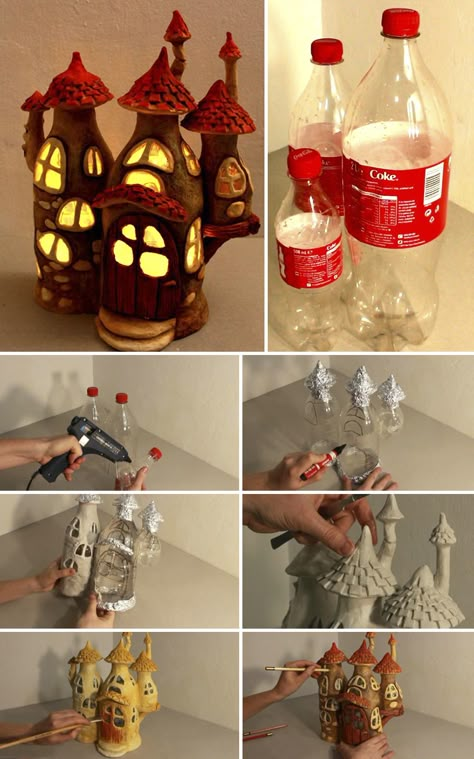 I recycled some Coke plastic bottles into a fairy house lamp. Materials used: plastic bottles, tin foil, paint, hot glue and paper clay. Have fun! Kraf Kertas, Clay Fairy House, House Lamp, Fairy House Diy, Fairy Garden Designs, Fairy Garden Crafts, Fairy Homes, Clay Fairies, Fairy Crafts