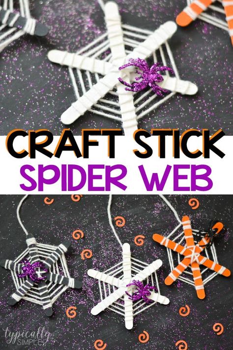 Popsicle Stick Spider Web Craft, Spider Web Popsicle Stick Craft, Popsicle Spider Web Craft, Halloween Spider Web Craft, Halloween Craft For Third Grade, Halloween Bead Crafts For Kids, Popsicle Stick Spider Web, Halloween Craft Stick Crafts, Halloween Craft Age 7