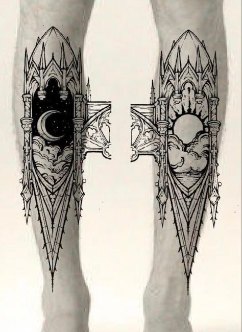 Gothic Zodiac Tattoos, Gothic Calf Tattoo, Goth Architecture Tattoo, Cathedral Chest Tattoo, Gothic Victorian Tattoo, Neo Gothic Tattoo, Shin Tattoo Design, Gothic Ornamental Tattoo, Gothic Church Tattoo