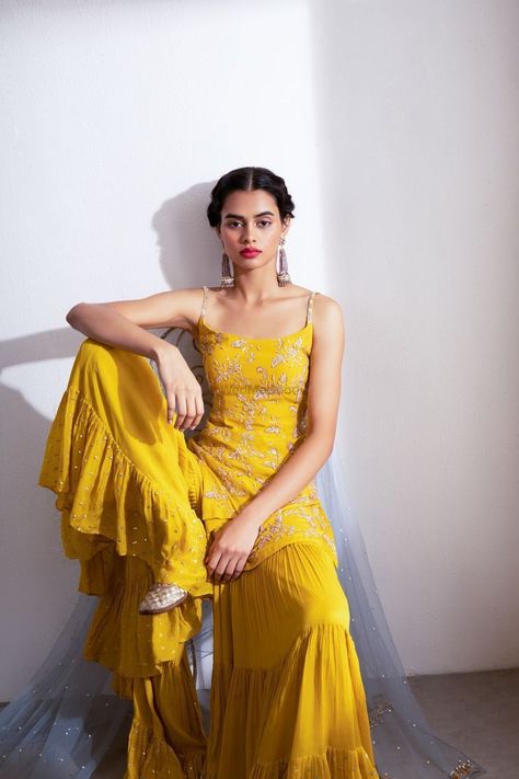 Where To Shop For The Perfect Mehendi Sharara & Gharara! *Bonus Lesser Known Gems Too! | WedMeGood Yellow Indian Outfit, Color Ocre, Sharara Designs, Haldi Outfits, Haldi Outfit, Kurta Sharara Set, Flared Palazzo, Mehendi Outfits, Kurta Sharara