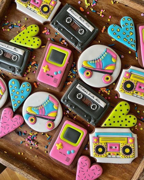 80s 8th Birthday, 80s Theme Treats, 1985 Party Ideas, 90s Bachelorette Cookies, Rollerskating Birthday Party Ideas, Retro 40th Birthday Party, 90s Birthday Cake Ideas, 90s Theme 40th Birthday Party, Retro 30th Birthday Party