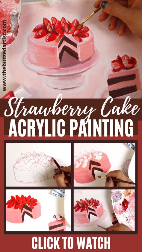 Pastry Painting Acrylic, Cake Acrylic Painting, Cake Painting Tutorial, Strawberry Chocolate Cake, Sustained Investigation, Cake Painting, Dessert Art, Chocolate Strawberry Cake, Food Drawings