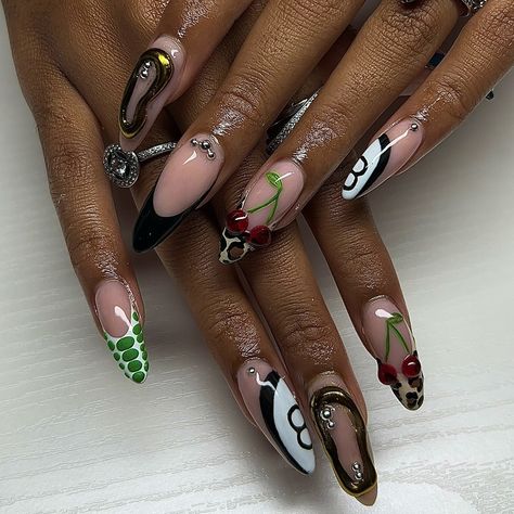 starting to love the almond.. 🎱🐆🍒🌿 ♡ • ♡ • ♡ #nails #acrylicnails #gwinnettnailtech #nuvolennails #longnails #gwinnettnails #nailsofinstagram #nailart #nailsoftheday #nailinspo #naildesigns #nailtech #nailsnailsnails #almondnails Almond Nails Cherry Design, Point Almond Nails, Chrome Airbrush Nails, Almond Freestyle Nails, Almond Junk Nails, Almond Leopard Nails, Halloween Nail Designs Almond, Almond Bling Nails, French Tip On Almond Nails