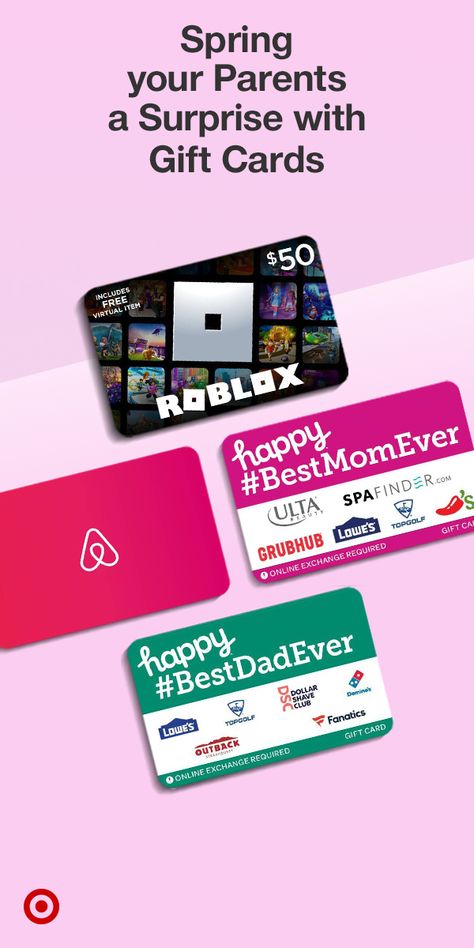 This Father’s Day & Mother’s Day, surprise your parents with a gift that gives them the freedom of choice. Shop $50 gift cards from Roblox, Airbnb, Happy Cards & more. Available at Target. Spa Gift Card, Caribou Coffee, Freedom Of Choice, Dollar Shave Club, Restaurant Gift Cards, Roblox Gift Card, Theatre Gifts, Target Gift Cards, Get Gift Cards