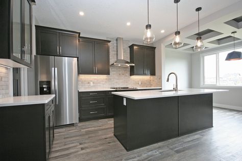 Dark Kitchen Cabinets 2023, Black Cabinet Grey Floor, Grey Wood Floors Kitchen Dark Cabinets, Best Floor Color With Black Cabinets, Black Kitchen Cabinets Gray Floor, Black Kitchen Cabinets Grey Floor, Black Kitchen Cabinets With Vinyl Flooring, Grey Vinyl Plank Flooring, Grey Wood Floors Kitchen