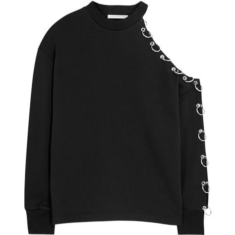 Open Shoulder Top, Cold Shoulder Tops, Embellished Sweatshirts, Split Sleeve, Eyelet Top, Black Ring, Shoulder Tops, Crop Top Outfits, Christopher Kane