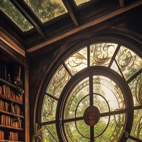 Library With Windows, Big Window Aesthetic, Interior Design Big Windows, Rooms With Big Windows, Library Window, Library Bay Window, Nature Library, Hobbit Library, Houses With Round Windows