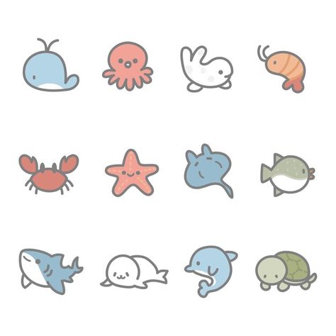 Set of sea animals | Premium Vector #Freepik #vector Cute Cartoon Sea Animals, Sea Cartoon Drawings, Simple Ocean Creature Drawing, Easy To Draw Sea Animals, Cute Underwater Animals, Ocean Animal Stickers, Aquarium Animals Drawing, Chibi Sea Creatures, Sea Creatures Template