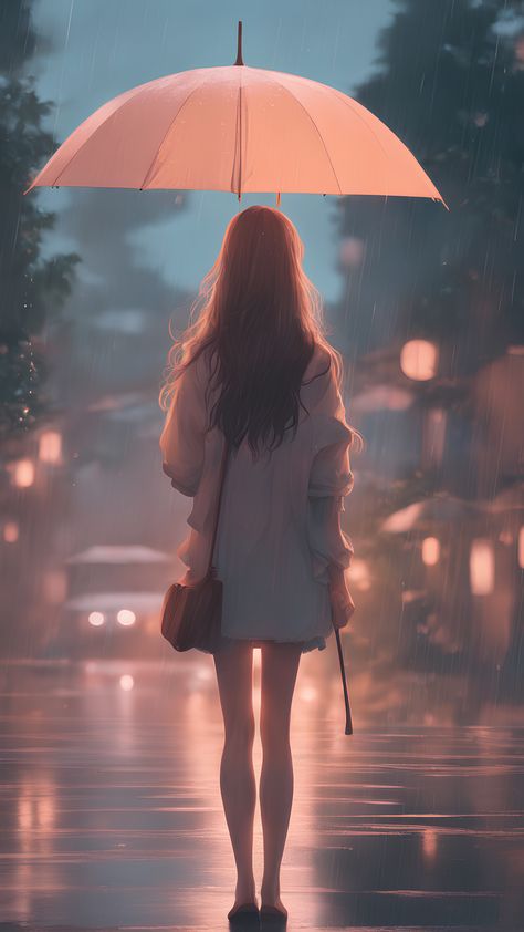 Girl Turning Around, Anime From Behind, In The Rain Drawing, Anime In The Rain, Rain Aesthetic Drawing, Girl In Rain Drawing, Girl From Behind Drawing, Girl With Umbrella Drawing, Person Holding Umbrella