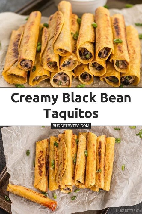 Creamy Black Bean Taquitos are an easy, tasty, and inexpensive appetizer for football parties or just for fun!! Pop over to our site for the recipe! | appetizers | easy snacks | vegetarian recipes | mexican recipes | Black Bean Appetizer, Chicken Black Bean Taquitos, Taquitos Black Bean, Football Party Food Appetizers Vegetarian, Cream Cheese Taquitos Vegetarian, Veggie Taquitos Recipe, Vegan Black Bean Taquitos, Creamy Black Bean Taquitos, Bean Taquitos Baked