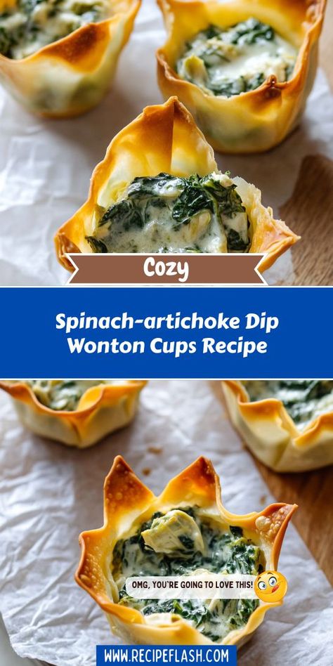 Looking for a crowd-pleasing appetizer that's both delicious and easy to make? This Spinach-Artichoke Dip Wonton Cups Recipe is the perfect solution! Impress your guests with these delightful bites. Be sure to save this recipe for your next gathering! Appetizer Recipes With Wonton Wrappers, Veggie Cups With Dip, Wonton Filling Recipes, Wonton Wrapper Recipes Appetizers, Wonton Appetizer Recipes, Spinach Artichoke Cups, Fine Dining Appetizers, Wonton Cups Appetizers, Wonton Appetizers