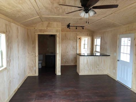 Finished Portable Cabins & Buildings | Countryside Barns Portable Cabin Interior, Storage Building House Interior, Portable Building Homes Interior, Portable Building Homes 16x40, Portable Building Homes, Portable Buildings Turned Into Homes, 12x32 Lofted Barn Cabin Interior, Barn Shed Tiny House, Tuff Shed House