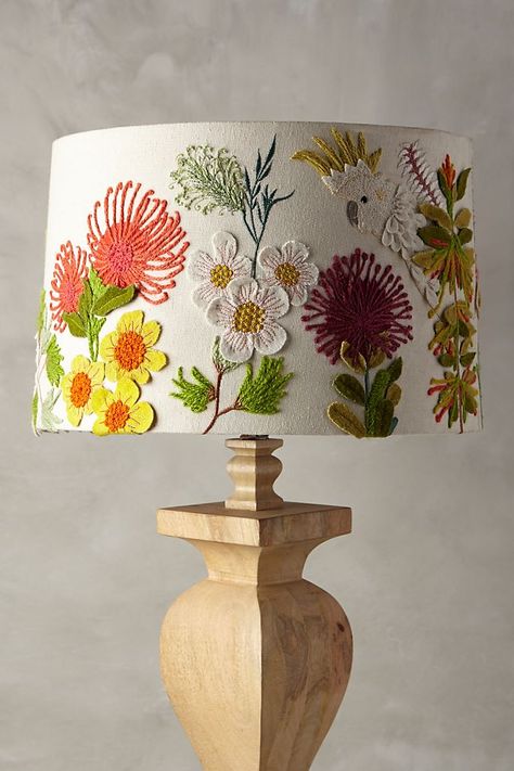 Embroidered Lamp Shade Diy, Embroidered Lampshade Diy, Lamp Shade Diy Ideas, Aesthetic Lamp Shade, Lamp Shade Painting, Maximalist Lamp, Diy Lamp Shade Ideas, Anthro Aesthetic, Embroidered Lamp Shade