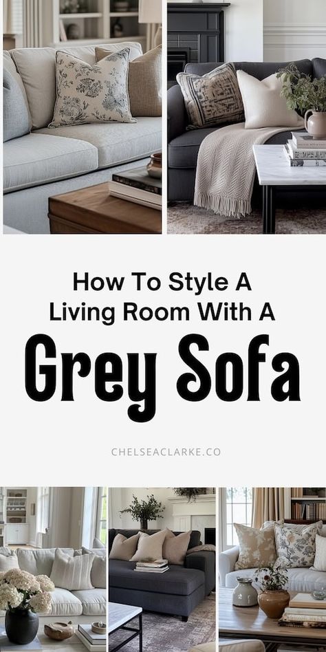 If you have a grey sofa in your living room, you're in luck because styling around a grey couch is actually very doable! Grey couches blend with so many interior design styles and color palettes - we will show you how to make your grey sofa work. Whether you have a dark charcoal grey sofa or a light grey one, there are a few tricks to make it look its best. Take a look at this ultimate guide to grey couch living rooms. Designers weigh in on what kinds of colors and decor suit a grey sofa best. Light Grey Chaise Sofa Living Room, Grey Couch With White Pillows, Living Room Ideas With Light Grey Couch, Tv Room Grey Couch, Gray Living Room Couch Decor, Dove Gray Sofa Living Room, Gray Couch With Sage Green Pillows, Decorate Grey Living Room, Grey Chenille Sofa Living Room