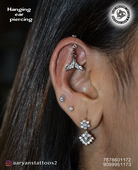 Helix Hanging Piercing, Hanging Ear Piercing, Hanging Helix Piercing, Minimalist Ear Piercings, Nose Ring Jewelry, Cool Ear Piercings, Clothing Aesthetic, Industrial Piercing, Piercing Studio