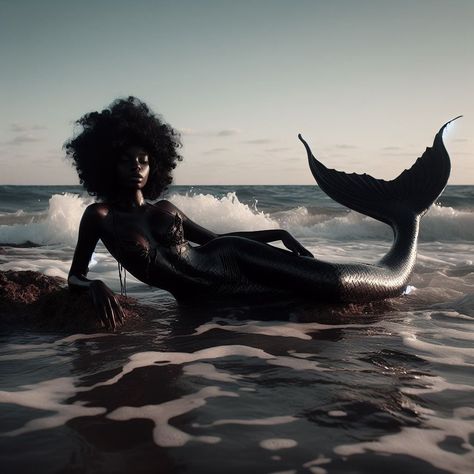 Dark Skinned Mermaid, Mermaid Aesthetic Black Women, Siren Black Women, Black Siren Aesthetic, Dark Skin Mermaid, Black Mermaid Aesthetic, Dark Siren Aesthetic, Dark Mermaid Aesthetic, Afro Mermaid