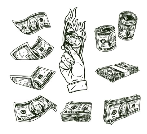 Dollars Tattoo Design, Burning Money Tattoo, Dollar Tattoo Design, Outline Drawing Flower, Money Tattoo Ideas, Sparkly Wallpaper Aesthetic, Tattoo Designs Drawings Sketches, Money Tattoo Designs, Cash Tattoo