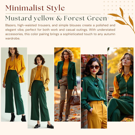 Models showcase minimalist fall outfits in mustard yellow and forest green, featuring blazers, high-waisted trousers, and classic blouses. These looks are polished and elegant, perfect for work or casual occasions, with understated accessories to add a touch of sophistication. Mustard Yellow Outfit Combination, Green And Gold Outfit Ideas, Mustard Blazer Outfit, Mustard Outfit, Mustard Yellow Outfit, Mustard Outfits, Mustard Blazer, Simple Blouses, Mustard Yellow Blouse