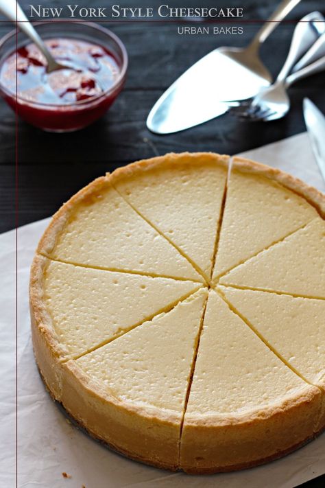 New York Style Cheesecake | URBAN BAKES Cheesecake With Strawberry Topping, New York Cheesecake Recipe, Ny Cheesecake, New York Style Cheesecake, Strawberry Topping, Gateaux Cake, New York Cheesecake, Cheesecake Recipe, Mousse Cake