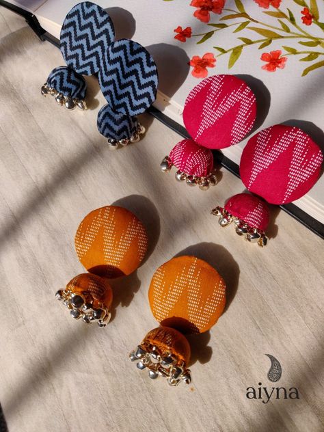 Diy Fabric Earings, Diy Indian Jewelry How To Make, How To Make Fabric Earrings Tutorials, Fabric Earrings Design, Handmade Jewelry Indian, Fabric Jewelry Handmade Indian, Handmade Clay Jewelry Indian, Cloth Earrings Diy, Diy Indian Earrings