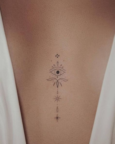 Ornamental evil eye tattoo on the sternum Womens Sternum Tattoo, Ephemeral Tattoo, Sternum Tattoo Design, Third Eye Tattoos, Evil Eye Tattoo, Boho Tattoos, Petite Tattoos, Sternum Tattoo, Small Hand Tattoos