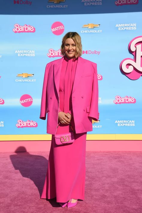 Greta Gerwig Finally Wore Pink to the 'Barbie' Premiere Barbie Premiere, Pink Pride, Prada Sweater, Blonde Lob, Greta Gerwig, Kelsea Ballerini, Pink Carpet, Lights Camera Action, Glamorous Dresses