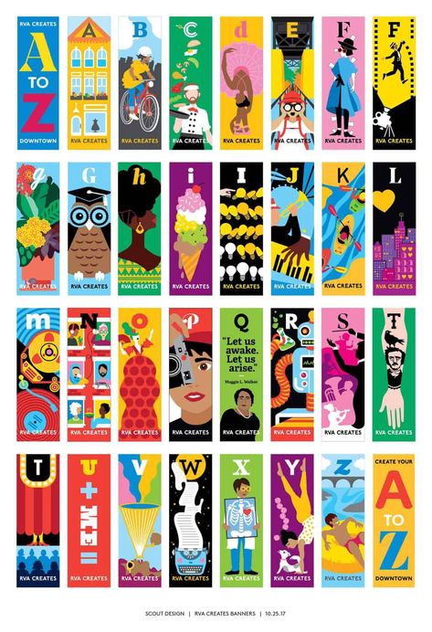 Venture Richmond launches new A to Z pole banners celebrating the city's creativity - RVAHub Pole Banner Design, Wayfinder Signage, Vertical Banner Design, Creative Wayfinding, Library Hall, City Banner, Pole Banners, Alphabet Game, Street Banners