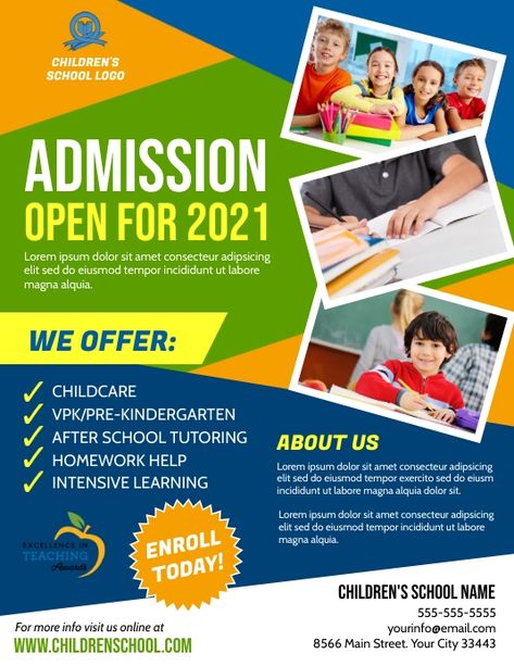 School Flyer, Career Day, Admission Open, Pre Kindergarten, School Logo, Homework Help, After School, Childcare, Business Design