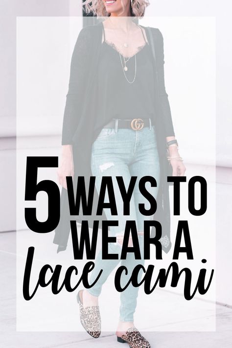 5 ways to wear a lace cami Black Lace Camisole Outfit, Cami Outfit Ideas, Cami Top Outfit Winter, Black Lace Cardigan Outfit, Cami And Cardigan Outfit, How To Style Cami Top, Black Lace Cami Outfit, Cami And Jeans Outfit, Camisole Outfit Ideas