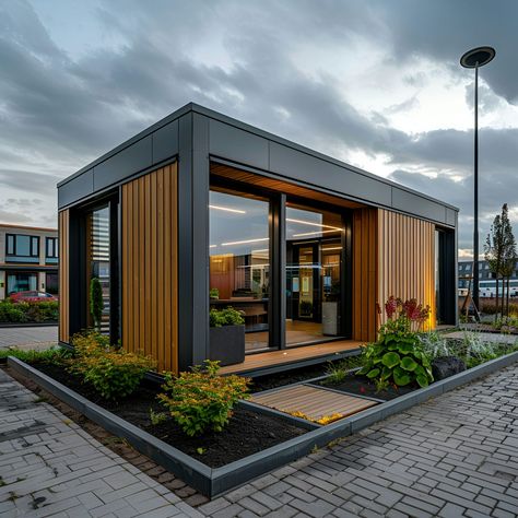 This modern portable building features dark and wood-toned exterior panels, large floor-to-ceiling windows, and a flat roof. Situated in an urban environment, it is surrounded by a landscaped garden, paved walkways, and contemporary lighting. The sleek, minimalist design combined with ample natural light and thoughtful landscaping creates a sophisticated and inviting atmosphere. Perfect for urban spaces seeking a blend of style and functionality. Portable Building, Wood Tiny House, Modern Small Building, Tiny Office Building, Modular Building Design, Studio Exterior, Container Design Ideas, Modern Shed Design, Building Material