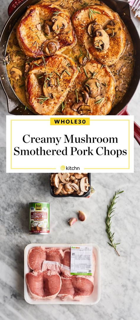 Whole30 Pork Chops, Healthy Smothered Pork Chops, Mushroom Pork Chops Oven, Aip Pork Chops, Fancy Pork Chop Recipes, Pork And Mushroom Recipes, Smothered Recipes, Pork Chops Smothered, Smothered Pork Chops Recipe