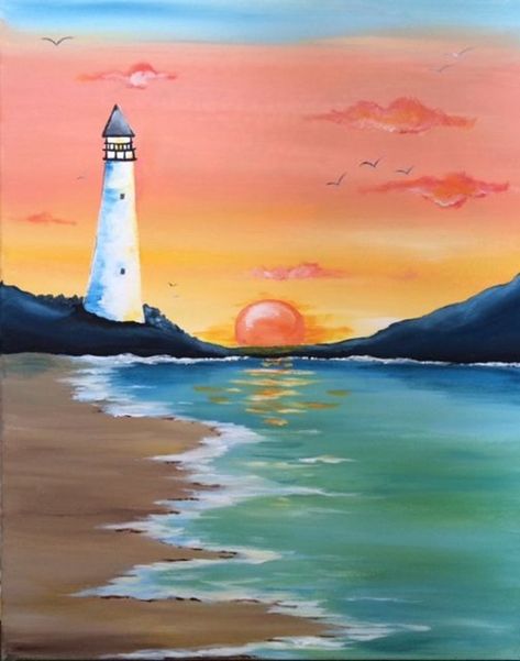 40 Beautiful Sunset Acrylic Painting Ideas For Beginners - Hobby Lesson Art Plage, Lighthouse Painting, Soyut Sanat Tabloları, Easy Canvas Painting, Simple Acrylic Paintings, Night Painting, Sunset Painting, Beginner Painting, Beach Painting