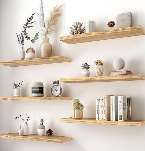 PRICES MAY VARY. Real Wood Floating Shelves: Crafted from solid wood for a durable and sturdy design. PHPH wood floating shelves with natural wood grain give a rustic feel to any space. Modern Rustic floating shelves: PHPH modern rustic floating shelves provide a industrial look that will blend well with modern and farmhouse wall decor alike. You are sure to make a welcome addition and a warm touch to your bathroom, kitchen, bedroom, or living room. Display Decor Floating Shelves: The rustic flo Wall Shelves Design Dining Room, Rustic White Shelves, Shelving For Bedroom Wall, Floating Shelves Dining Room Wall Decor, Floating Shelves On Big Wall, Simple Shelves Ideas, Multiple Floating Shelves On Wall, Natural Wood Wall Shelves, Kitchen Wall Design Ideas Decor