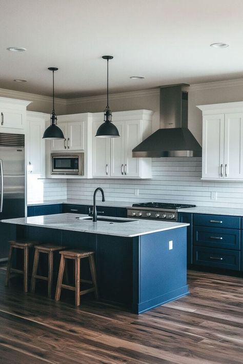 blue and white modern farmhouse kitchen Kitchen Cabinets White And Blue, White Kitchen With Navy Blue Island, Blue Kitchen Interior Design, Navy White Kitchen, Blue And Gray Kitchen, Blue Farmhouse Kitchen, Modern Blue Kitchen, White Modern Farmhouse Kitchen, Blue Kitchen Interior