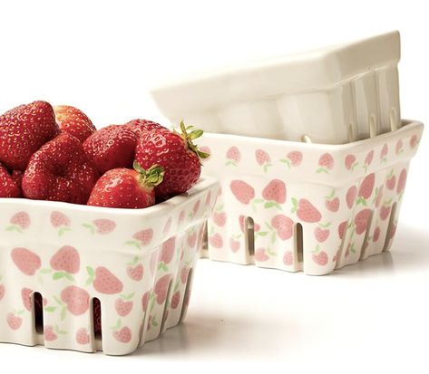 Ceramic Berry Baskets Strawberry Print and Off-White Ceramic Strawberry Basket, Berry Basket Ceramic, Ceramic Fruit Basket, Ceramic Berry Basket, Fridge Baskets, Clay Basket, Kawaii Kitchen, Ceramic Berry Bowl, Ceramics Painting