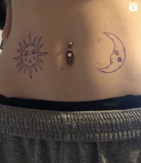 Moon Tattoo On Stomach, Moon Belly Tattoo, Sun Tattoo On Stomach, Sun And Moon Collarbone Tattoo, Small Lower Stomach Tattoos For Women, Moon Tattoo Stomach, Sun Belly Button Tattoo, Dainty Stomach Tattoos, Tattoos Around Belly Button