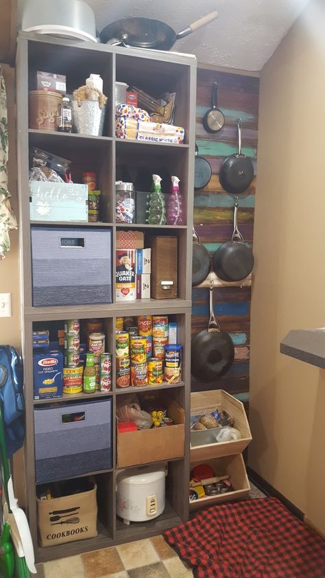 Cube storage kitchen pantry and hanging pot wall. Made from 2 13inch cube shelves. Cube Storage Snack Bar, Cube Pantry Storage, Cube Storage Pantry, Cube Storage Pantry Ideas, Kitchen Cube Storage Ideas, Cube Storage Kitchen, Cube Storage Wall, Under Stairs Space, Under Stairs Storage Ideas