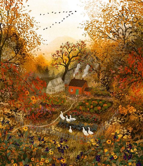 Autumn Farm, Whimsical Autumn, Cottage Painting, Autumn Illustration, Forest Illustration, Autumn Painting, Dreamy Art, Autumn Aesthetic, Autumn Art