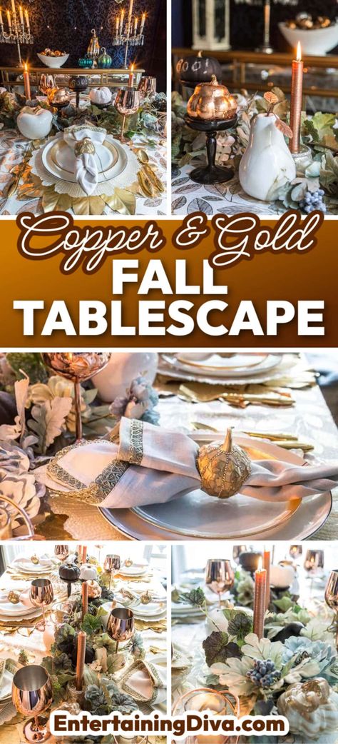 Copper & Gold Fall Tablescape | Fall Decor Gold And White Thanksgiving Table, Silver And Gold Tablescape, Formal Thanksgiving Table, Fall Dinner Party Tablescape, Copper Table Setting, Thanksgiving Tablescapes Elegant, Fall Dinner Parties, Autumn Table Setting, Copper Autumn