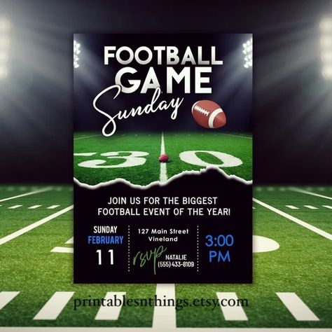 🏈 Football season is back, and so is the fun! Make your game day party stand out with this customizable Football invitation 🏟️. Perfect for Super Bowl parties, tailgates, or any football event! Available now in my Etsy shop —> www.printablesnthings.etsy.com ⁣ #footballseason #gameday #superbowlparty #gamedayinvite #footballparty #sundaynightfootball #editableinvitation #custominvitations #touchdown #touchdownparty #gamenightready #footballfever #footballfun #sundayfootball #gameday🏈 Football Event, Sport Birthday, Sports Birthday Invitations, Football Invitations, Game Day Party, Football Fever, Sunday Night Football, Party Stand, Football Sunday