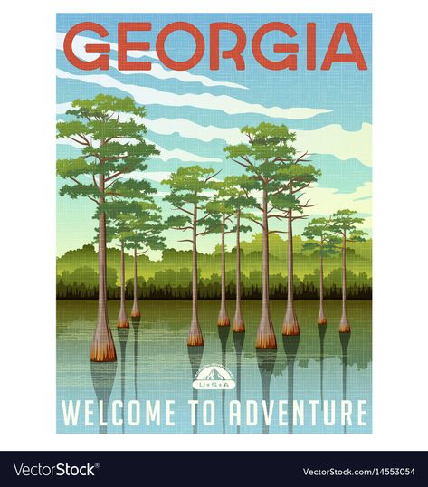 Georgia Nature, Georgia Vacation, Historic Savannah, State Posters, Bald Cypress, Scene Drawing, Georgia Travel, Travel Postcard, Retro Travel Poster