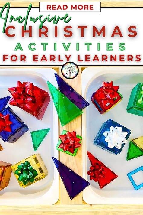 Looking for Christmas activities for toddlers and preschoolers?  Need simple inclusive learning activities, books, sensory play, and activity ideas for preschoolers during the Christmas season?  Want to foster an inclusive learning environment while teaching about and celebrating a major holiday like Christmas with your early learners? Here are five creative and engaging  ideas that will make sure your preschool children feel valued and seen while learning  all month long! Christmas Present Activities Preschool, Christmas Academic Activities, December Science Center Preschool, Preschool Sight Activities, Christmas Reggio Emilia Activities, Ornament Ideas Preschool, Christmas Play Based Learning, Christmas Theme Crafts Preschool, Cranberry Activities For Preschool