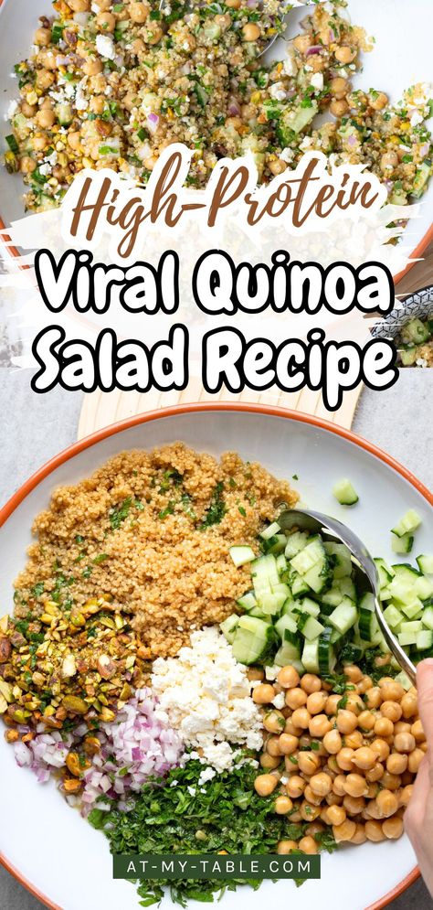 High-protein quinoa salad with cucumbers, chickpeas, and fresh herbs, a gluten-free vegan recipe included in the roundup. Protein Recipe, Quinoa Salad Recipes, Gluten Free Vegan Recipes, Vegan Gluten Free Recipes, Protein Recipes, Recipes Vegan, Healthy Gluten Free, Quinoa Salad, High Protein Recipes