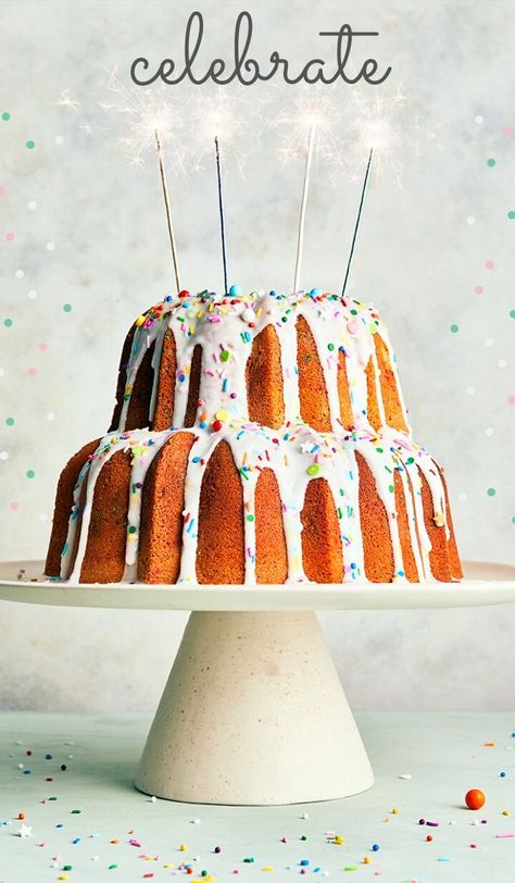 A fun confetti Bundt display for any birthday or other celebration! This classic vanilla pound cake is simple and sweet, topped with a delicious glaze and lots of sprinkles. Nothing Bundt Cakes Confetti Recipe, Vanilla Glaze For Bundt Cake, Classic Vanilla Bundt Cake, Nordic Ware Bundt Cake Recipes, Brilliance Bundt Cake, Dipped Pretzel Rods, Caramel Dip, Pretzel Dip, Pretzel Rods