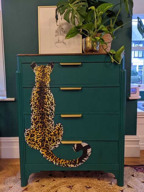 Art Deco chest of drawers with hand painted leopard Leopard Print Upcycled Furniture, Leopard Painted Furniture, Furniture Makeover Side Table, Hand Painted Chest Of Drawers, Hand Painted Drawers, Art Deco Painted Furniture, Hand Painted Furniture Diy, Leopard Furniture, Painting Furniture Ideas