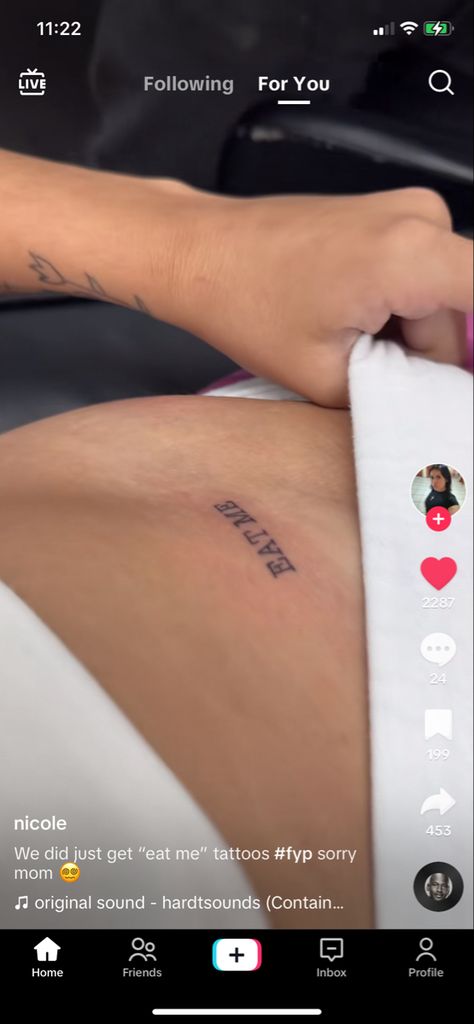 Eat Me Tattoo Ideas, Me Tattoo Ideas, Girl Thigh Tattoos, Me Tattoo, Cursive Tattoos, Pretty Hand Tattoos, Hip Tattoos Women, Red Ink Tattoos, Healing Tattoo