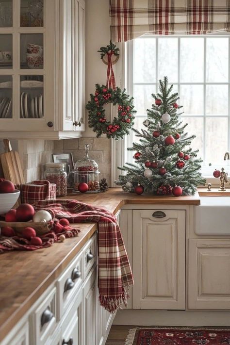 China Cabinet Christmas Decorating Ideas, Small Christmas Tree In Kitchen, Decorate Hutch For Christmas, Cozy Cottage Christmas Tree, Christmas Kitchen Window Ideas, Rustic Kitchen Christmas Decor, Christmas Shelf Decor Ideas Kitchen, Over Cabinet Christmas Decor, Cottage Christmas Decor Ideas