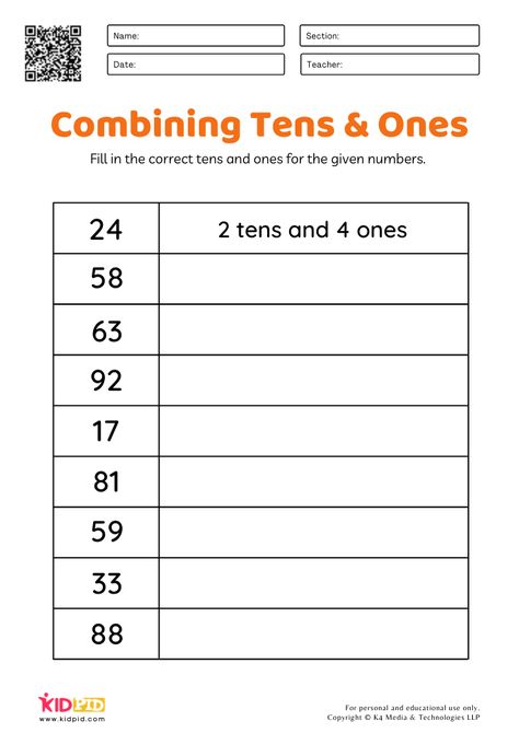 Combining Tens & Ones Place Value Worksheets for Grade 1 Phonics Worksheets Grade 1, Math Worksheets For Kids, Worksheets For Grade 1, Worksheets For Class 1, Place Value Worksheets, Tenth Grade, Algebra Activities, Phonics Practice, We Are Teachers