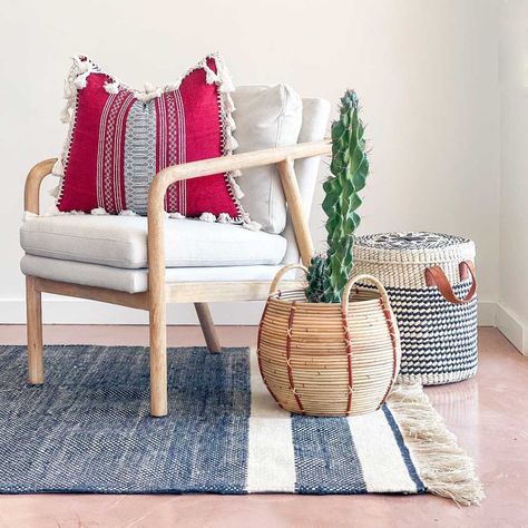 "Beautifully hand woven in Oaxaca, Mexico, these red throw cushions and accent pillows with fringe brighten any room.  Use this decorative accent pillow on the sofa, in your living room, bedroom or dining room area for a simple and playful update for 2022.    DETAILS:  22x22\" finished pillow cushion  natural leather tag   H|F custom  feather & down fill included   CARE & CLEANING:  indoor use recommended  wash on gentle air tumble or lay flat to dry  place back on pillow, fluff, karate chop & e Mexican Pillows, Dining Room Area, Red Throw, Orange Throw Pillows, Modern Mexican, Colorful Throw Pillows, Leather Headboard, Stripe Throw Pillow, Feather Pillows